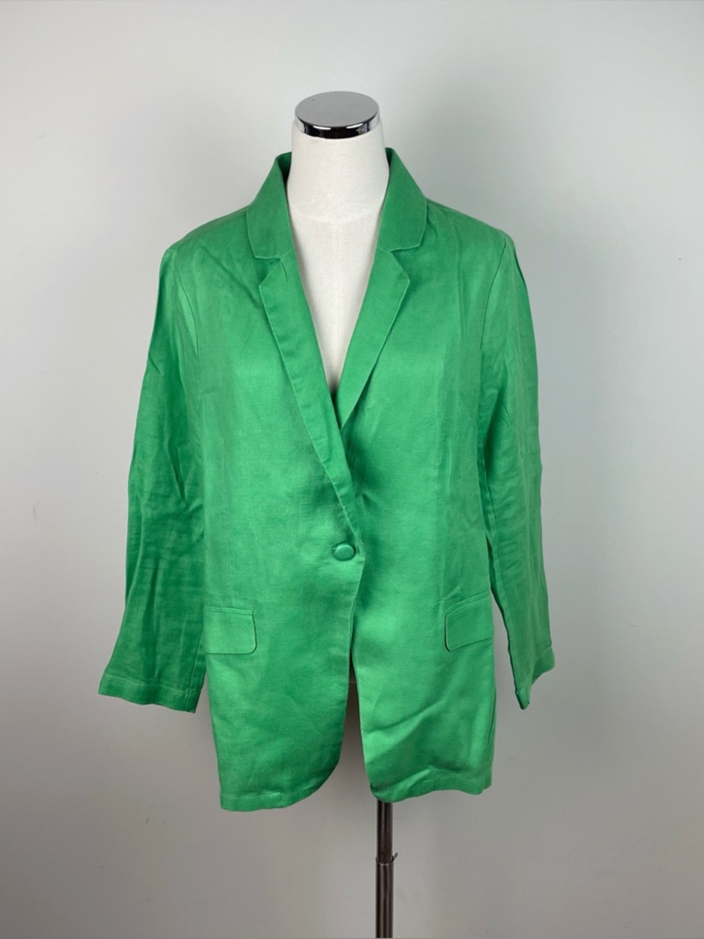 Halston Solid Green 100% Linen Blazer Jacket Women Size Medium